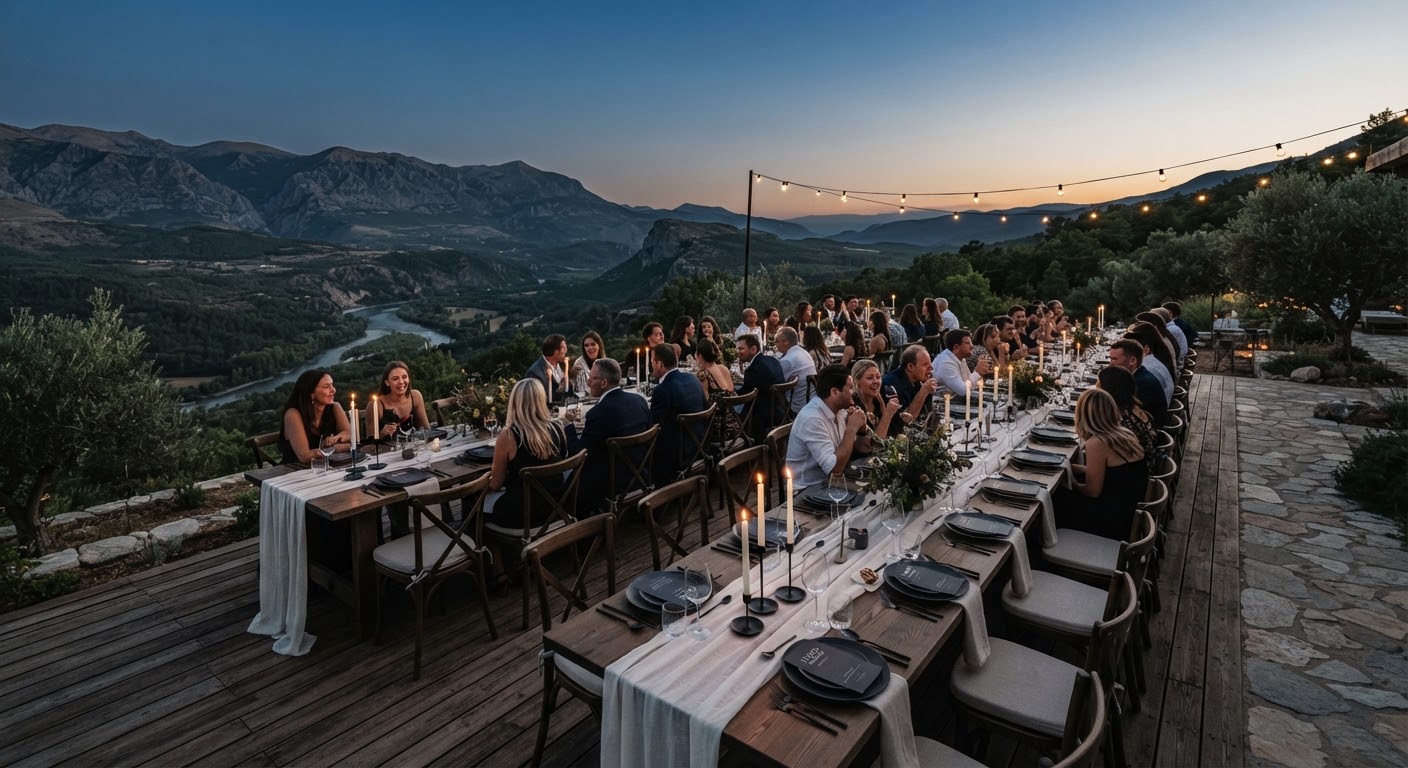 A minimalist outdoor dining setup at twilight, styled with ivory candles.