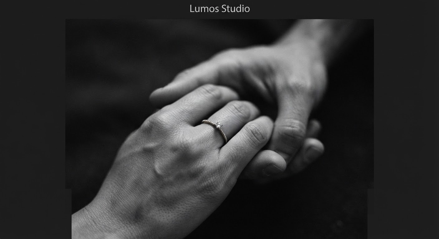 A close-up black and white photograph of intertwined hands showing a delicate ring.
