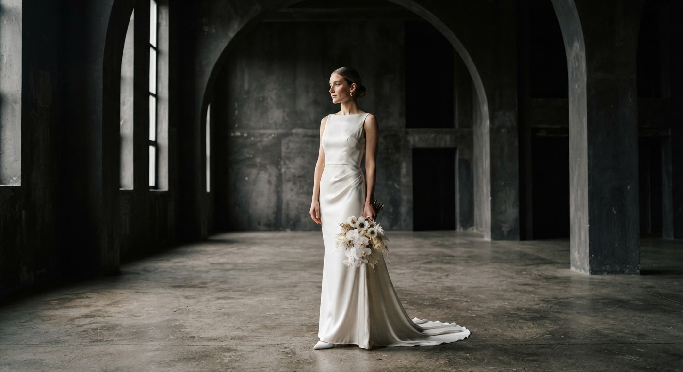 A bride in a minimalist ivory gown standing in a grand charcoal-toned architectural space.
