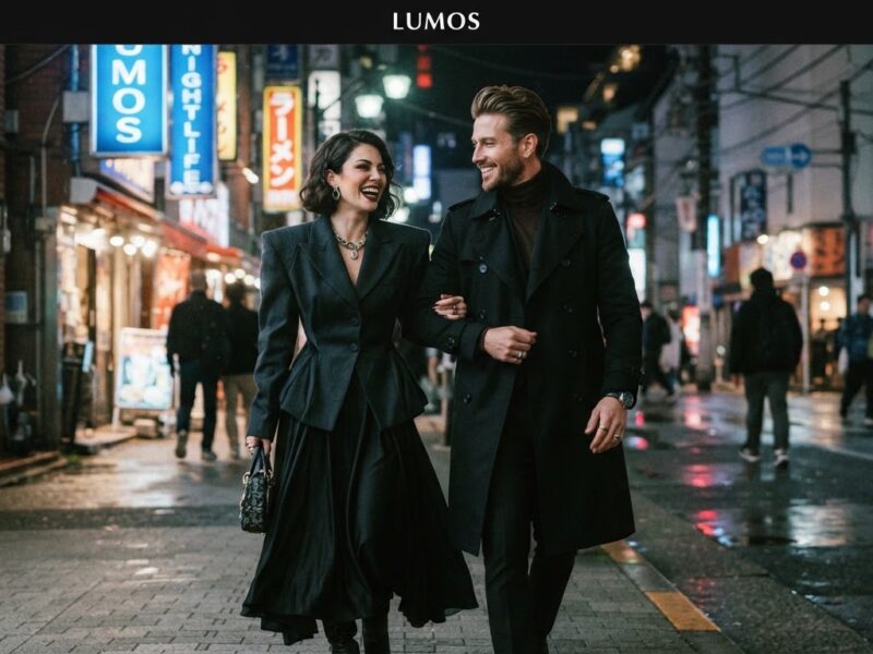 An avant-garde portrait of a couple lit by ambient city light at night.