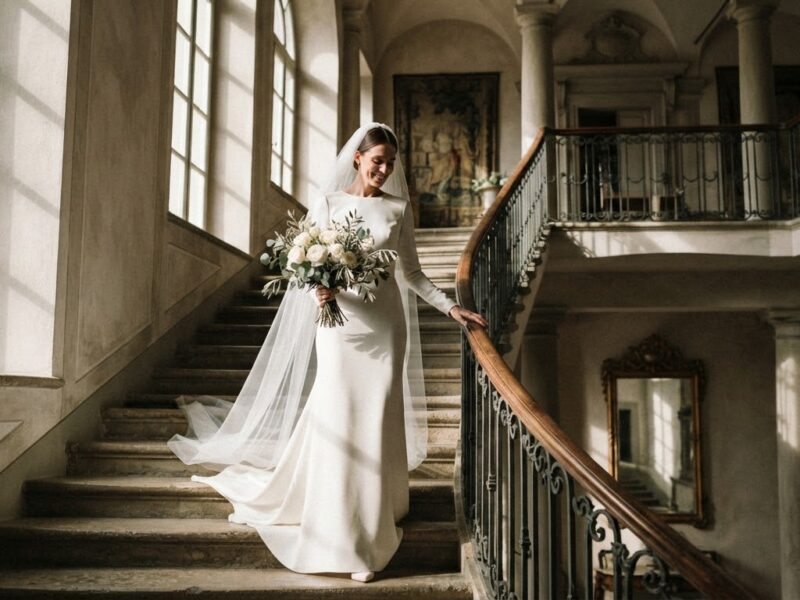 A bride descending a grand staircase in dramatic window light.