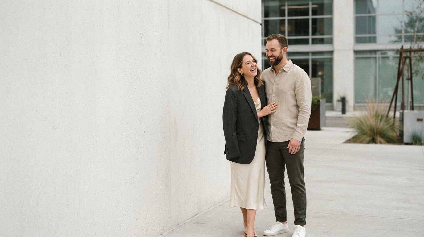 A candid portrait of a newly engaged couple laughing in an urban setting.
