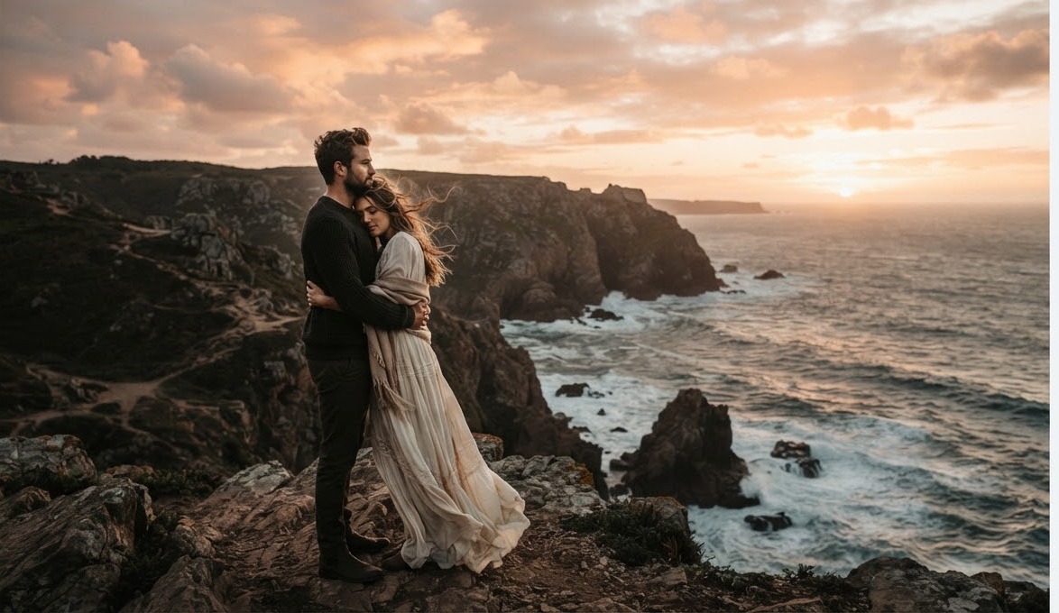 A couple embracing on a rugged coastline at golden hour.
