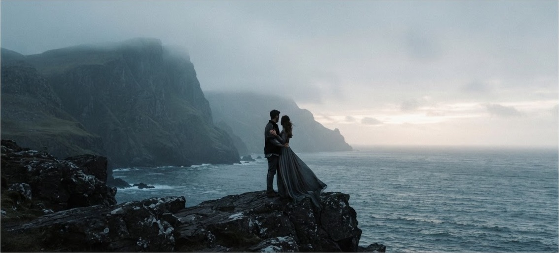 A couple silhouetted against the ocean on a rugged coastline at dawn.