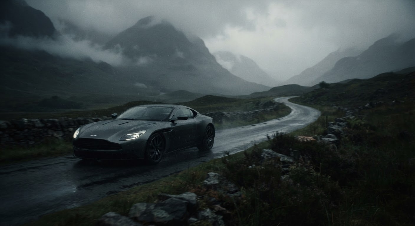 A car on a misty highland road, shot with an anamorphic lens flare.
