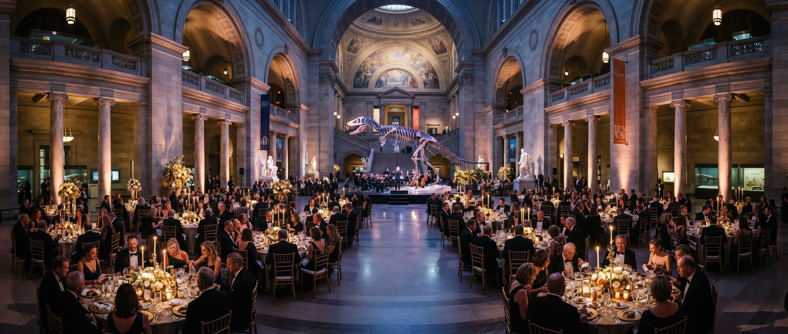 A panoramic view of a gala dinner in a historic museum hall.