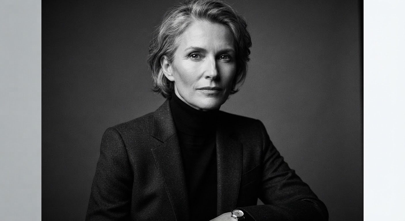 A high-contrast black and white studio portrait with dramatic shadows.
