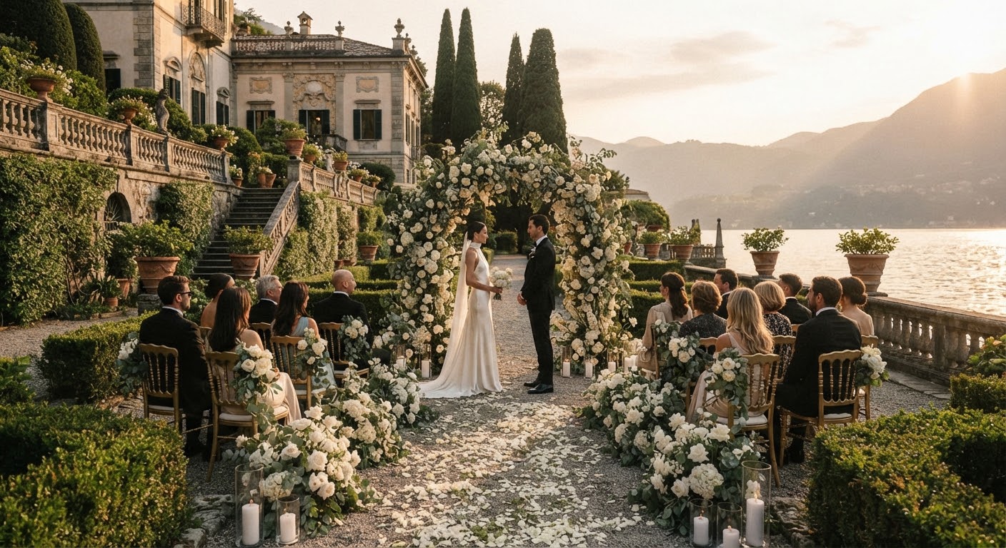 A luxury wedding ceremony in a European villa garden at golden hour.
