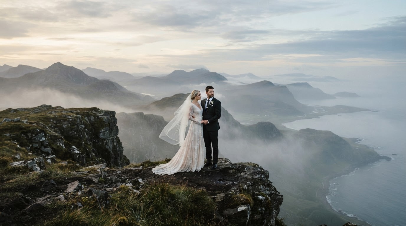 A bride and groom on a misty cliffside at dawn in soft diffused light.