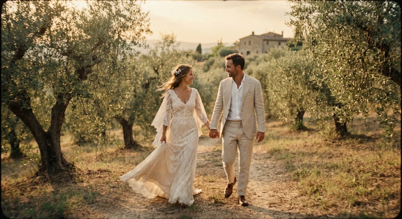 A film still of a couple walking through a sun-drenched olive grove.