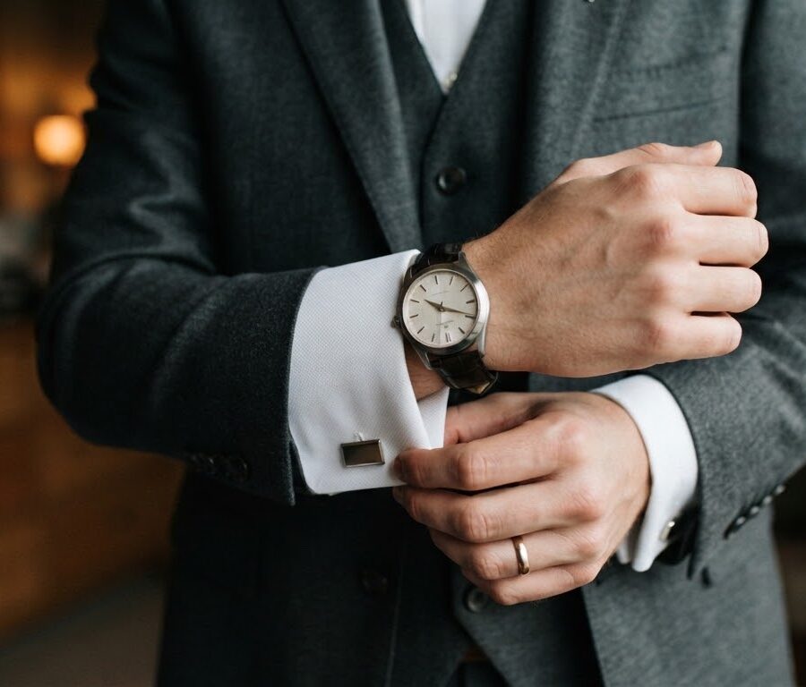 A detail shot of the groom adjusting his cuffs in natural light.