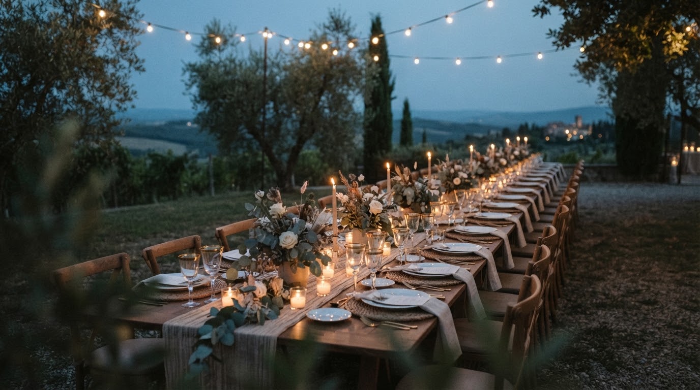 A long elegant reception table set outdoors at dusk with candles.