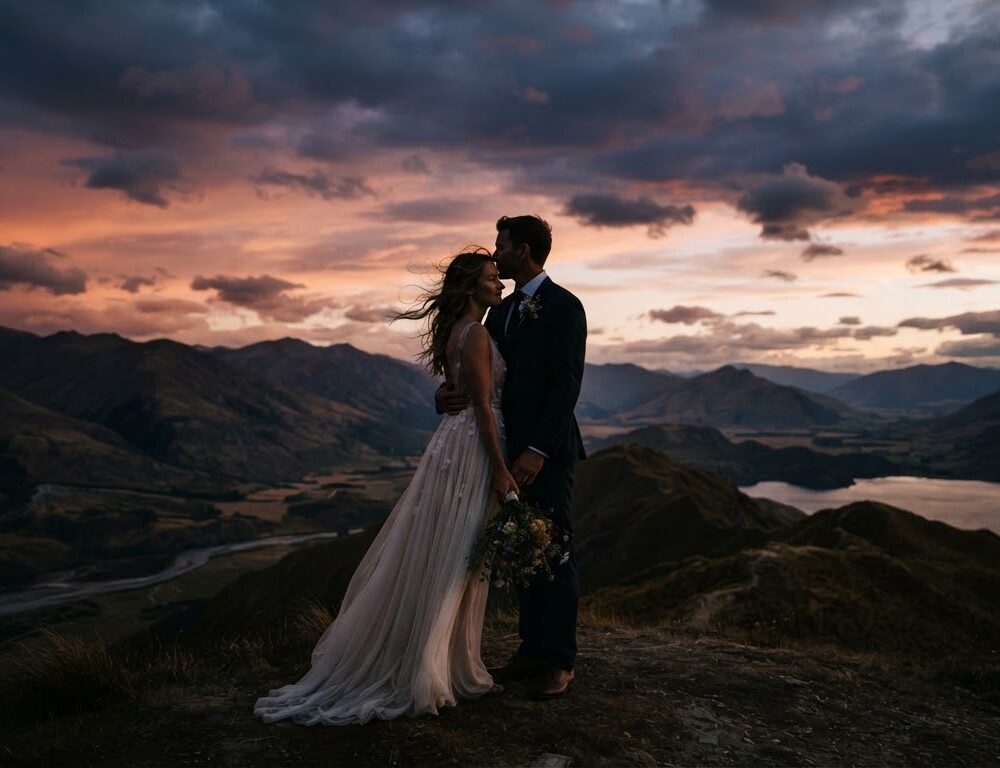 A couple silhouetted against a moody sky at dusk.