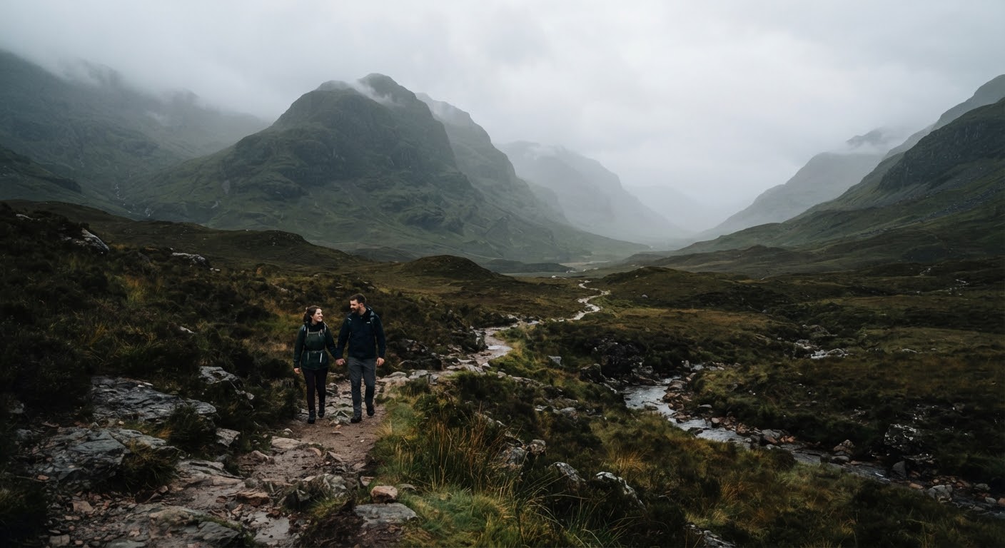 A couple walking through misty Scottish highlands.