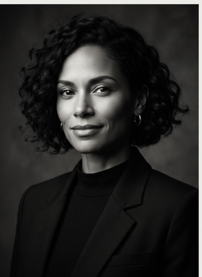 A black and white editorial portrait with dramatic contrast.
